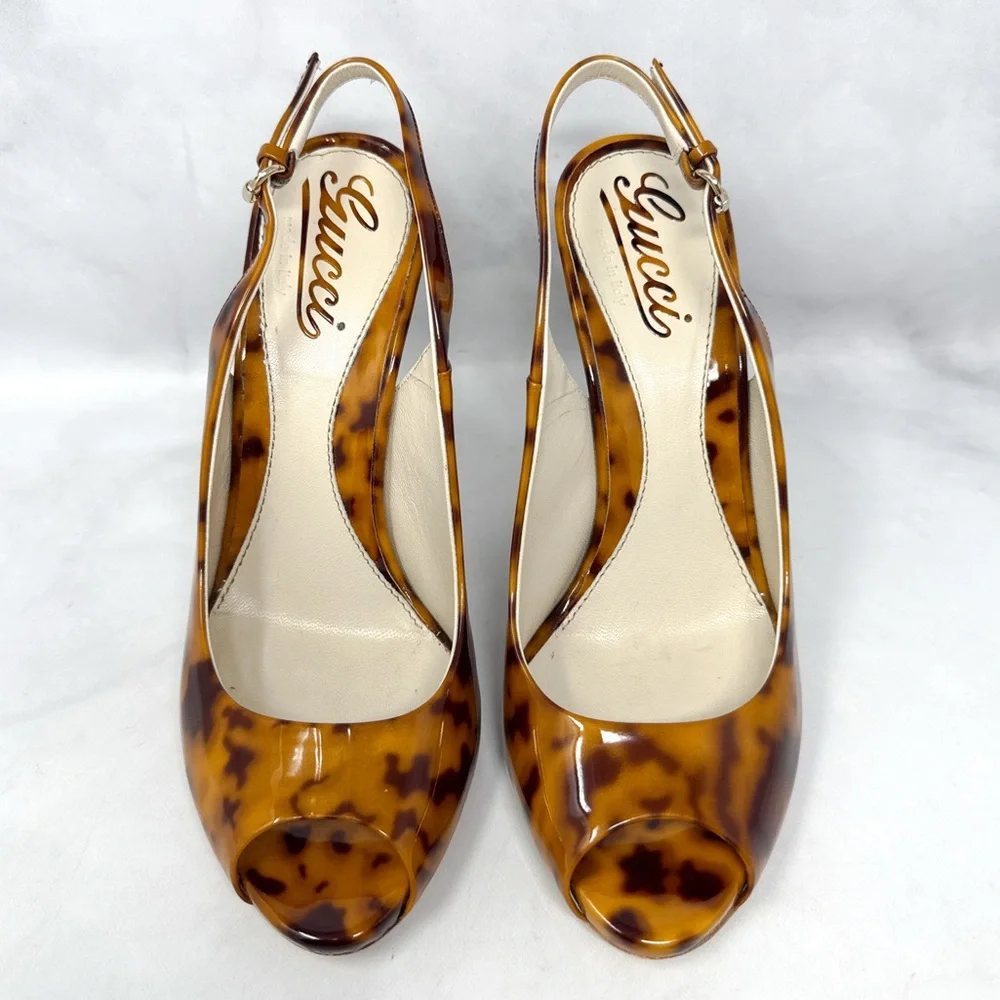 GUCCI Vintage Y2K Tortoise Patent Leather Platform Slingback Pump Heels Glam 5.5 - Picture 3 of 16